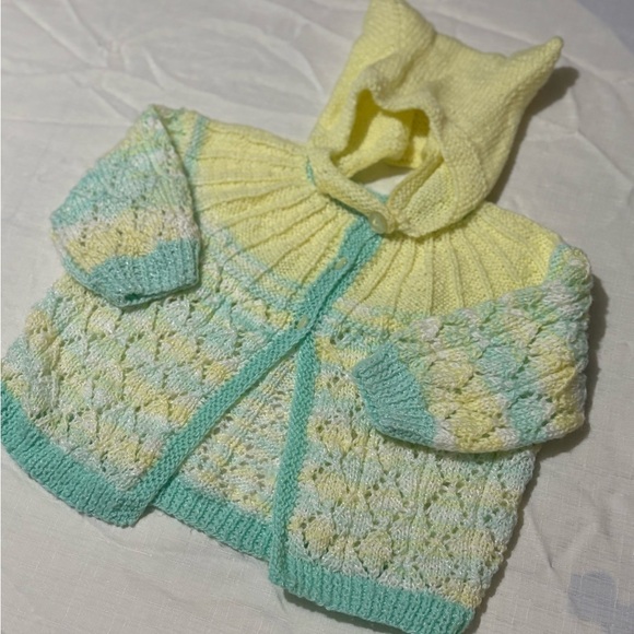 Vintage Yellow and Green Knitted Baby Cardigan and Hat - Picture 2 of 9